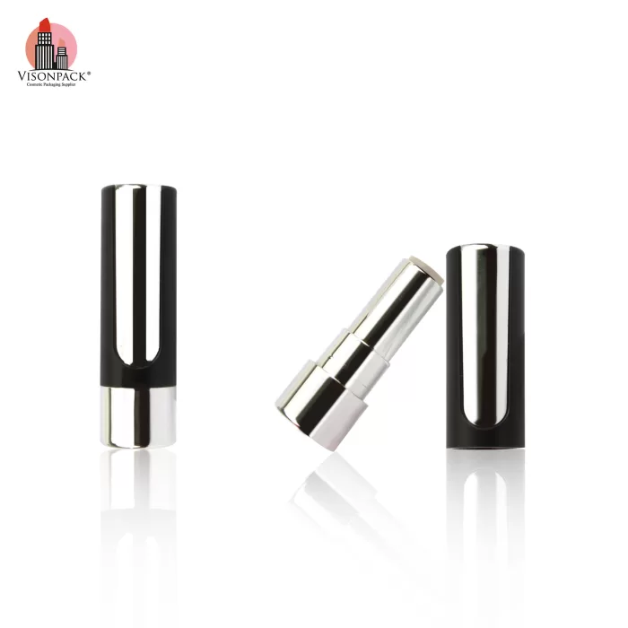 Custom Empty Plastic Packaging Matte Black and Metal Gold Silver Round Lipstick Tubes - LS915 - Image 2